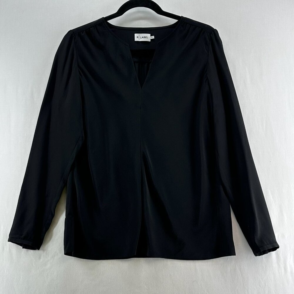 R Label Silk Blouse Womens XS Black V-Neck Long Puff Sleeve Career Popover Black